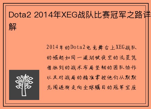 Dota2 2014年XEG战队比赛冠军之路详解